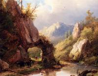 Johann Bernard Klombeck - A Mountain Valley With A Peasant And Cattle Passing Along A Stream